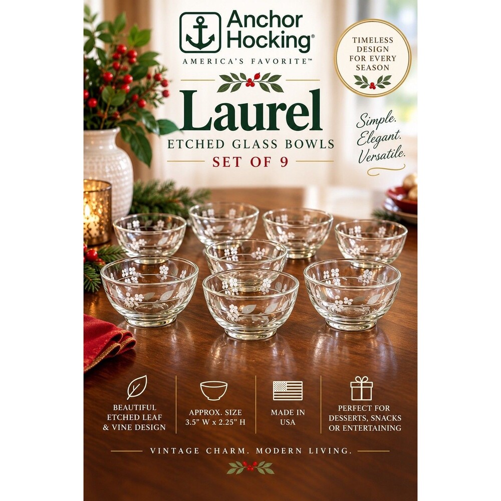 Vintage Anchor Hocking Laurel Etched Glass Dessert Bowls Set of 9 USA